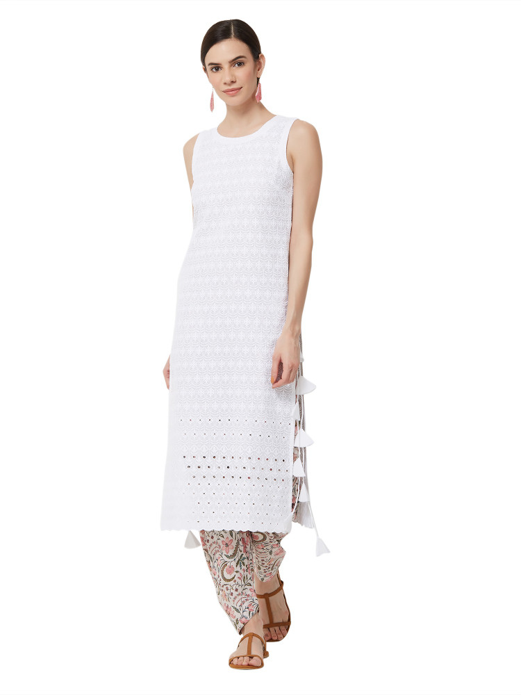 Floral Print Black & White Sleeveless Kurta – VEDANA