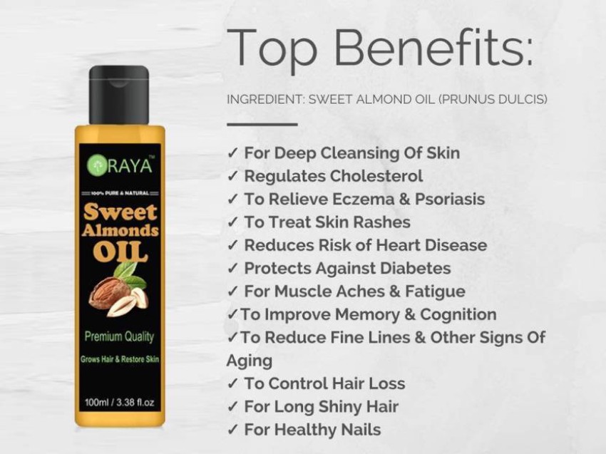 Oraya 100 Pure Cold Pressed Sweet Almond Oil For Massage Hair Skin   Under Eye Hair Oil 100 ml  Price in India Buy Oraya 100 Pure Cold  Pressed Sweet Almond Oil