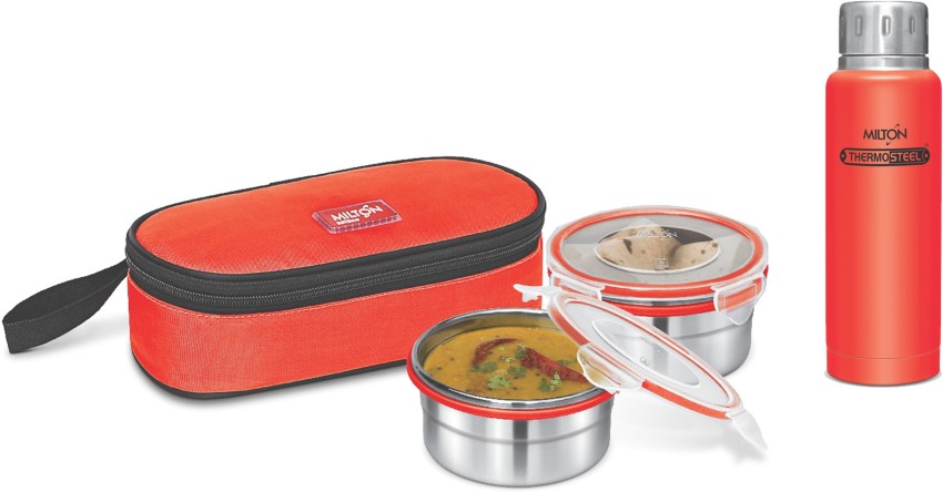 MILTON Miilton Steely Deluxe Mini Inner Steel Kids Tiffin Box, Red -Green