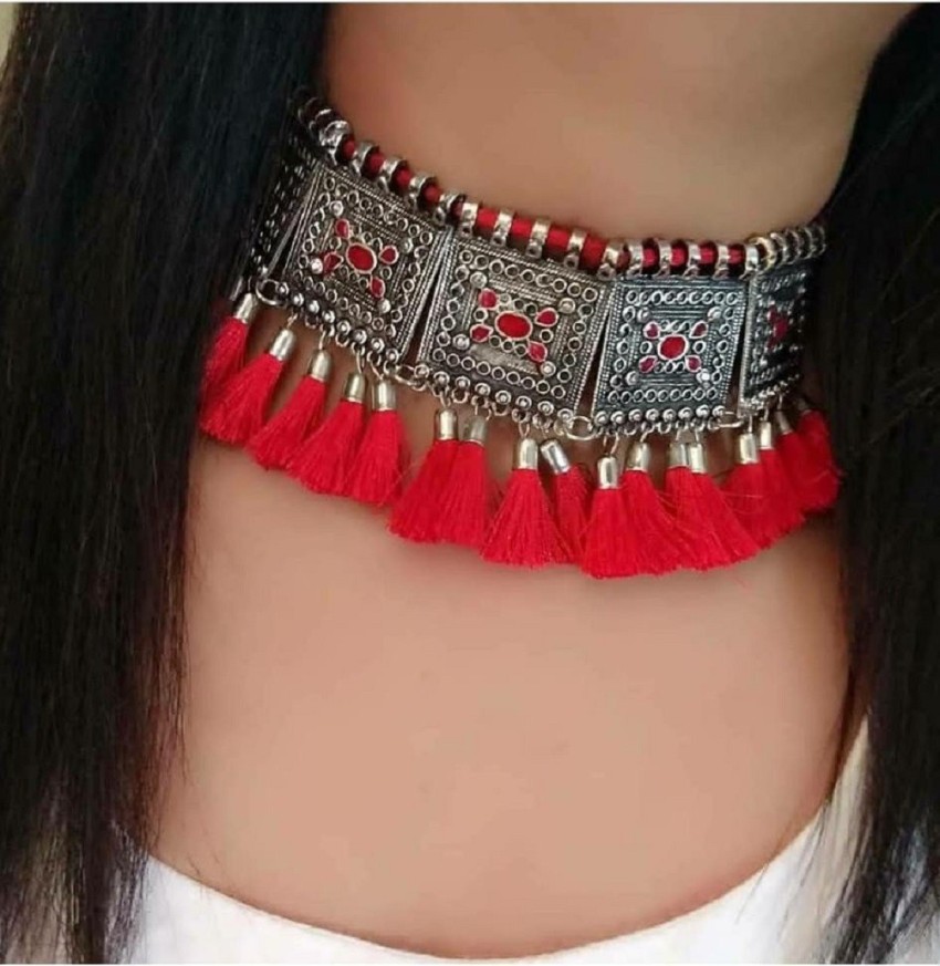 Oxidized Silver Beaded Tassel Work Traditional Choker Necklace and Earring  Set for Women and Girls