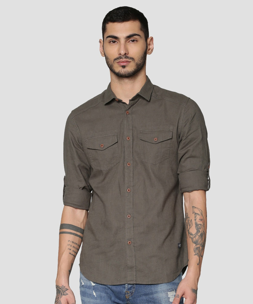 JONES Men Solid Casual Brown Shirt 