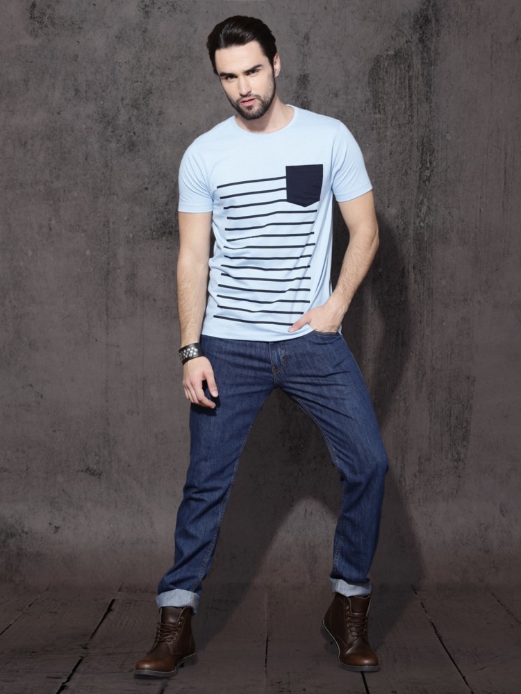 Buy Roadster Men Blue & White Striped Round Neck T Shirt - Tshirts for Men  9586559