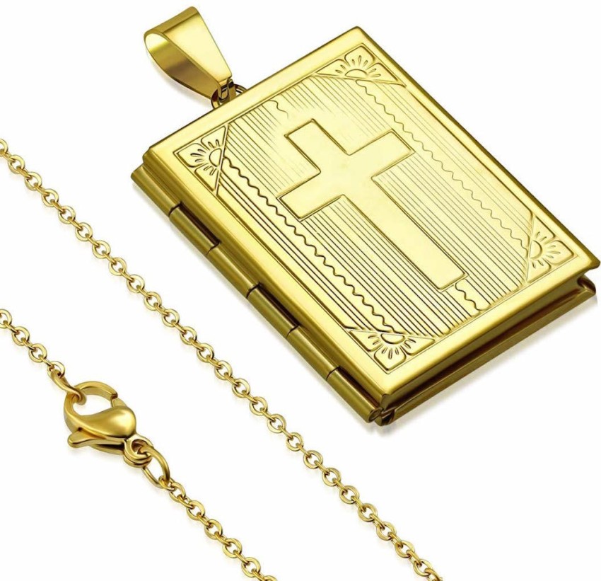 Via Mazzini Stainless Steel Gold Plated Cross Bible Photo Locket Pendant  for Men and Women (NK0867)