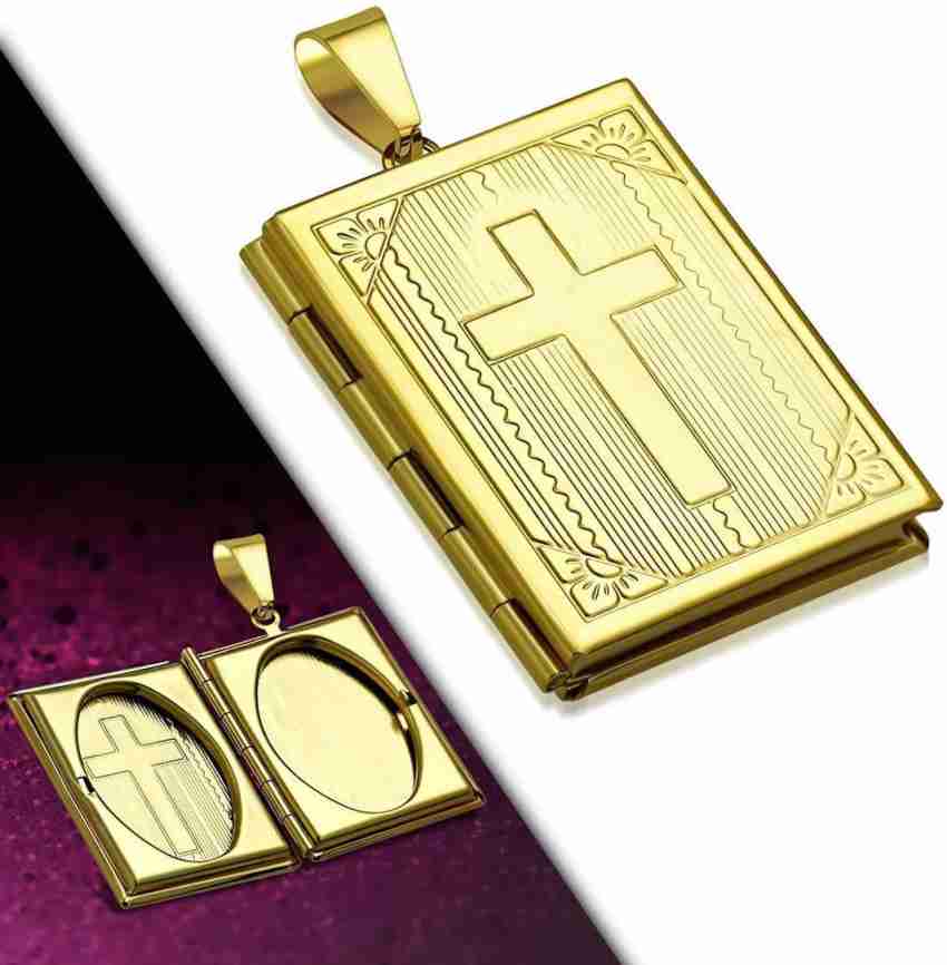 Via Mazzini Stainless Steel Gold Plated Cross Bible Photo Locket Pendant  for Men and Women (NK0867)