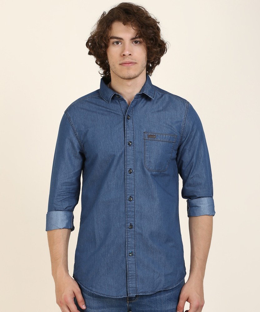 wrangler men solid casual blue shirt