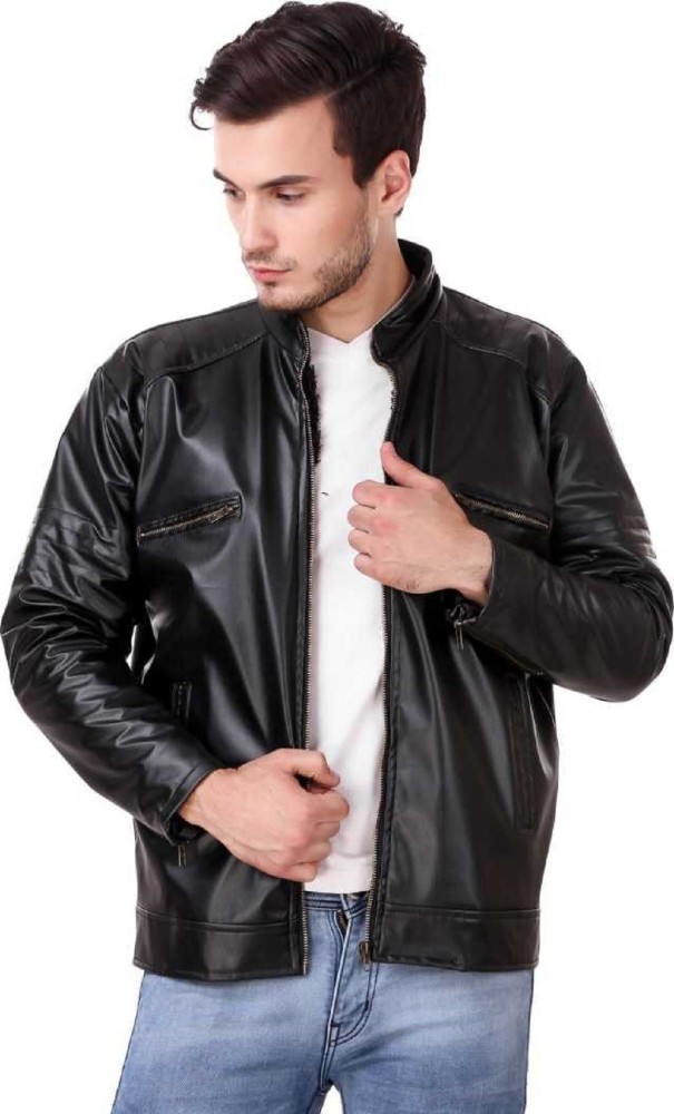 Men Navy Blue Leather Jacket | chefrito.com