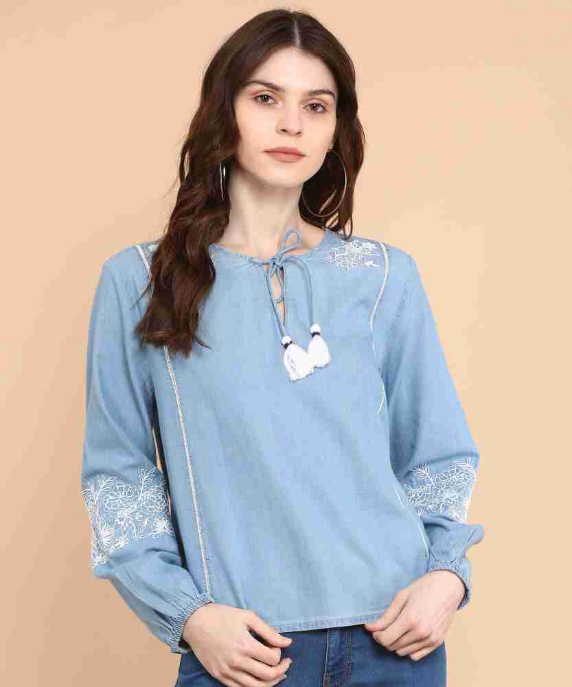 Pepe Jeans Casual Puff Sleeve Embroidered Women Blue Top - Buy ...