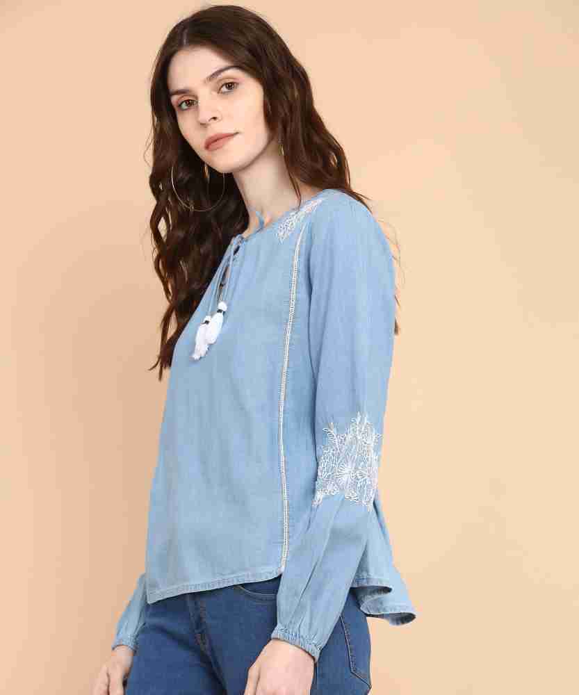 Pepe Jeans Casual Puff Sleeve Embroidered Women Blue Top - Buy ...