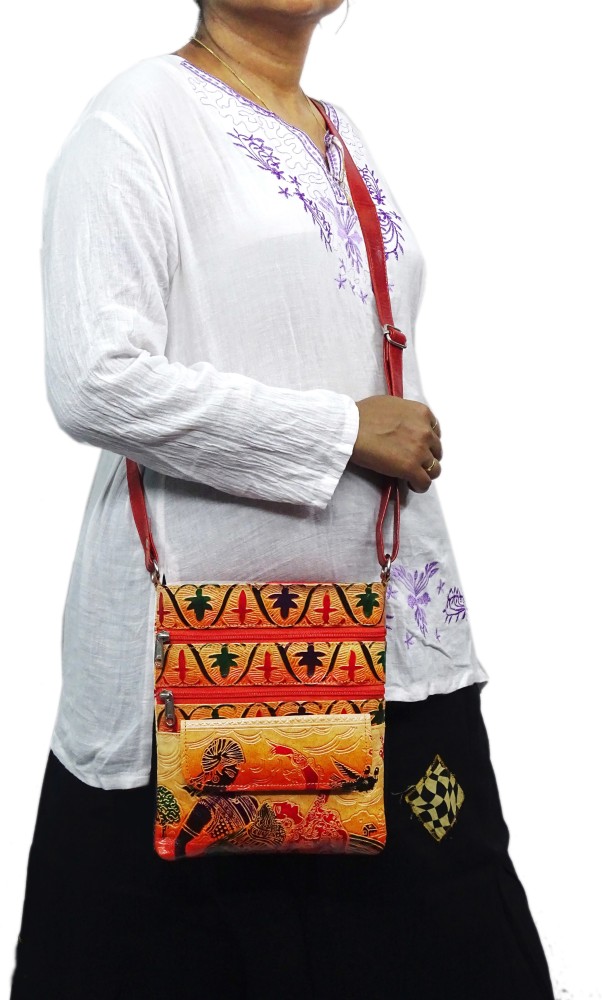ANANYA LEATHER HANDICRAFT Shantiniketan Genuine Leather Traditional Printed  Shoulder Bag Purse For Women
