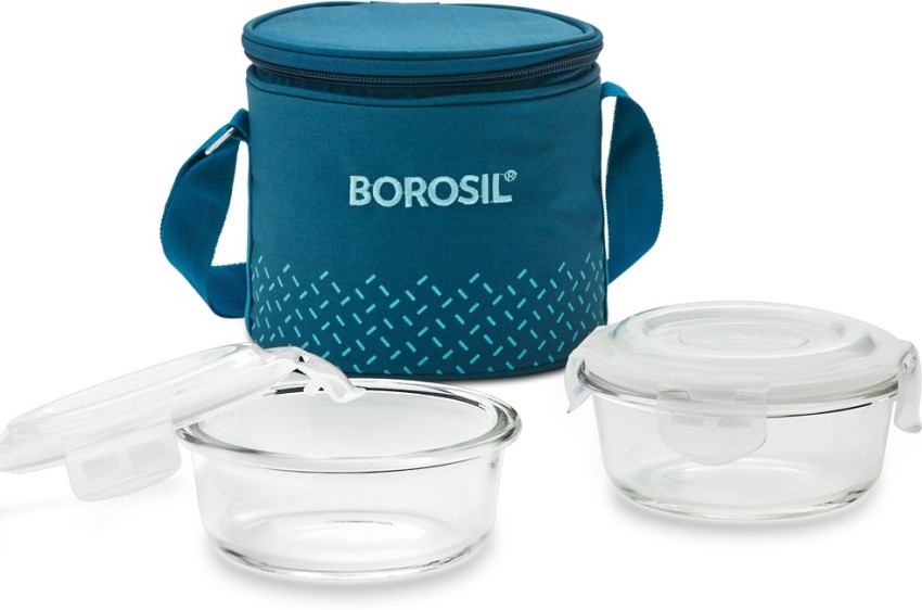 Borosil Glass Universal Lunch Box Set of 4, (2pcs 320 ml sqr + 2pcs 240 ml  Rnd) Microwave Safe Office Tiffin