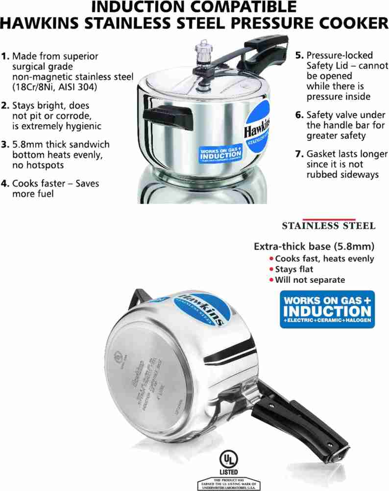 Hawkins Stainless Steel Induction Compatible Inner Lid Pressure Cooker, 4  Litre, Silver (Hss40), 4 Liter