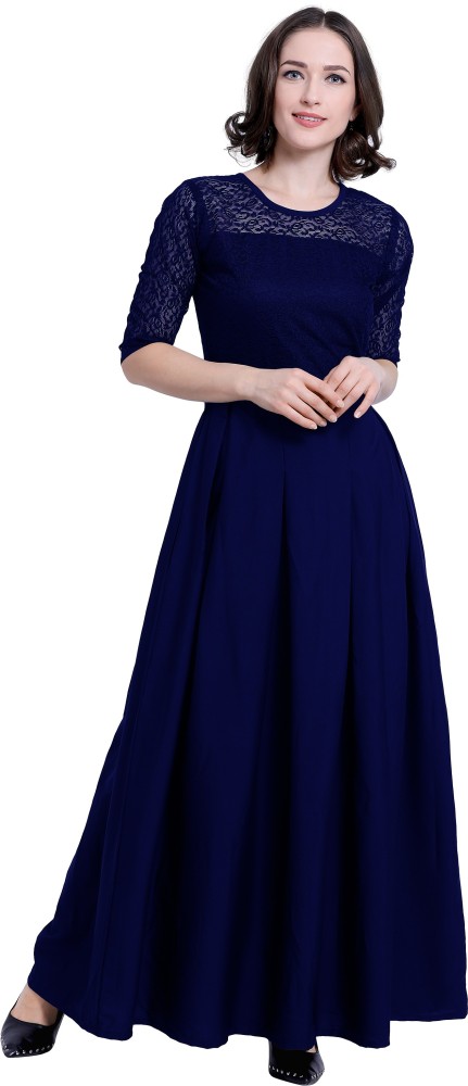 Womens Georgette ALine Dark Blue Frock Style Dress with Inner XS