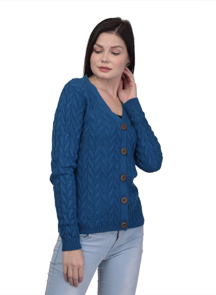 Kalt Women Full Sleeves Cable Button Acrylic Sweater