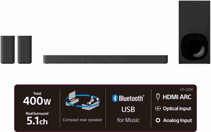 Buy SONY Dolby Digital, W Speakers, Rear Subwoofer, 5.1ch Home Theatre Bluetooth HT-S20R from 400 with Soundbar Online