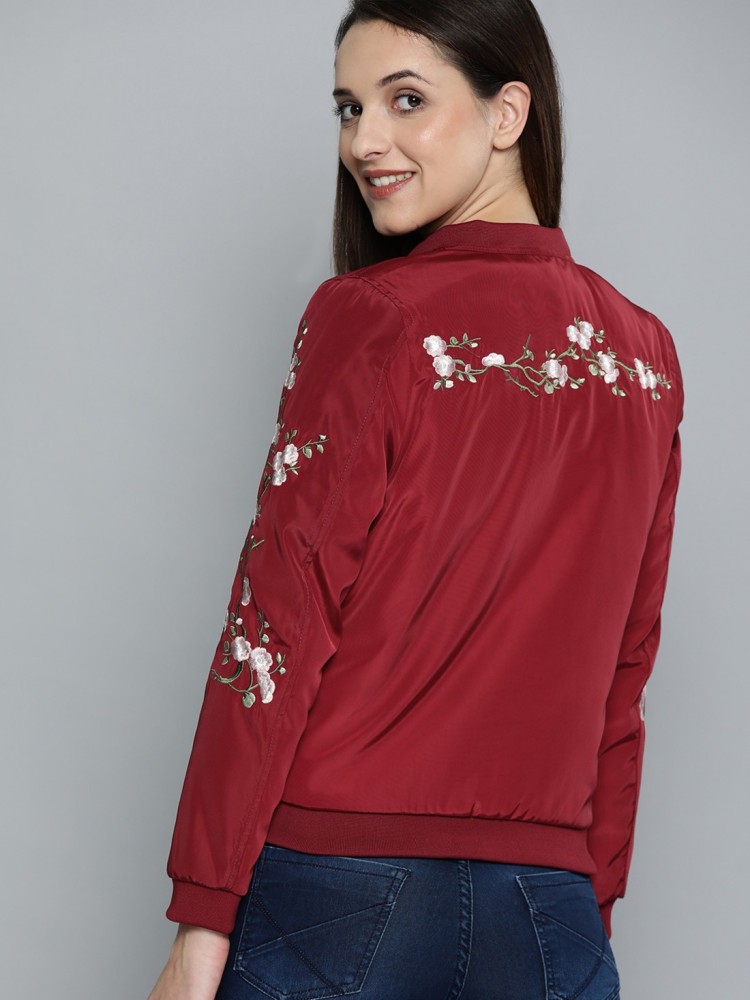 Mast & Harbour Women Red Solid Bomber Jacket (M) by Myntra