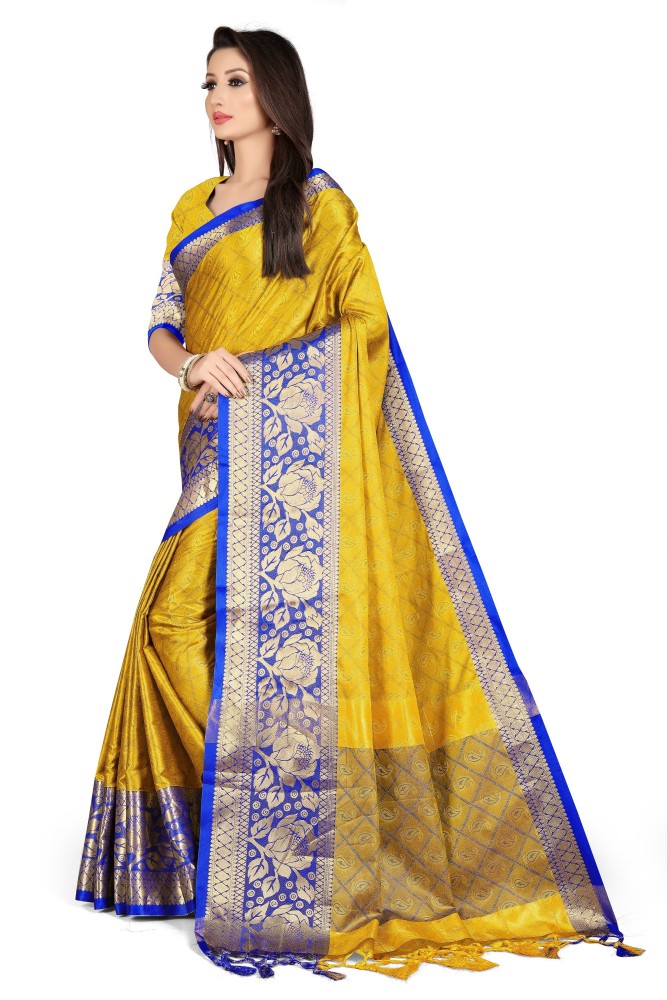 Buy Divine Exim Self Design, Woven, Embellished Banarasi Cotton Silk Yellow  Sarees Online @ Best Price In India 