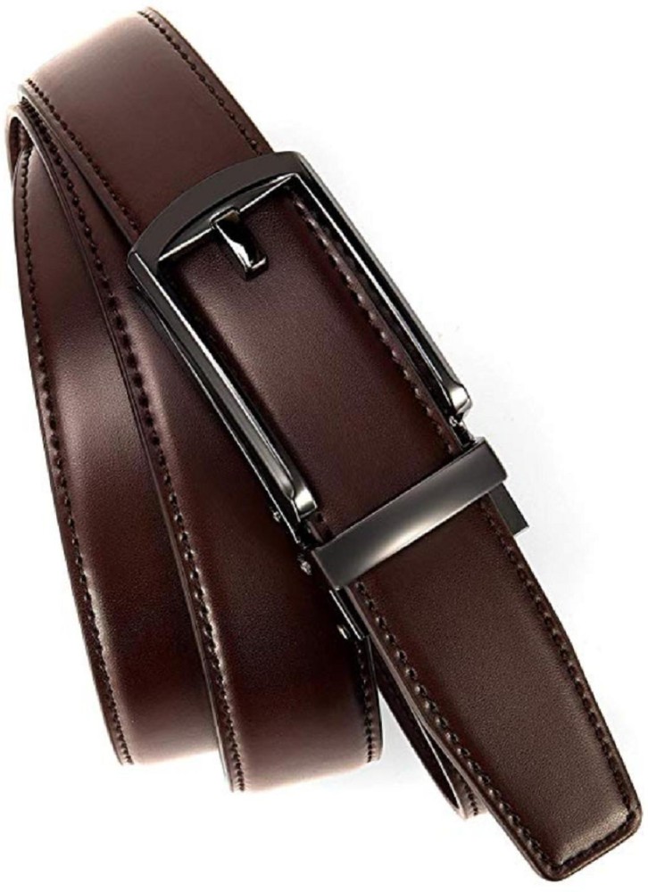 Thin leather belt with loop, buckle and tip in metal, dark brown