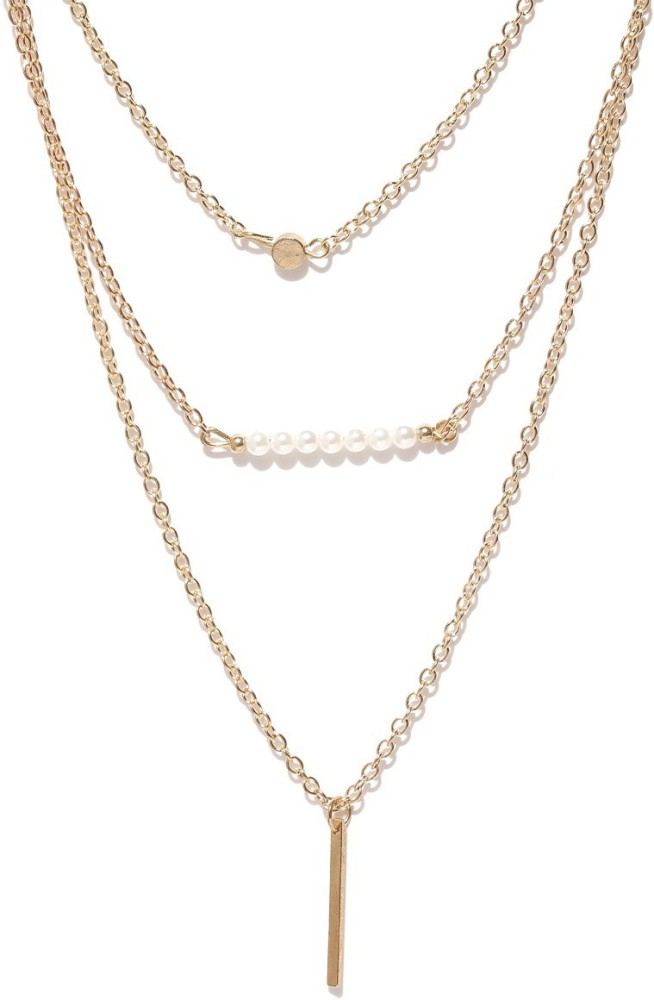 OOMPH Gold Link Chain Lock & Beads Multi Layer Necklaces for Women - Set of 2