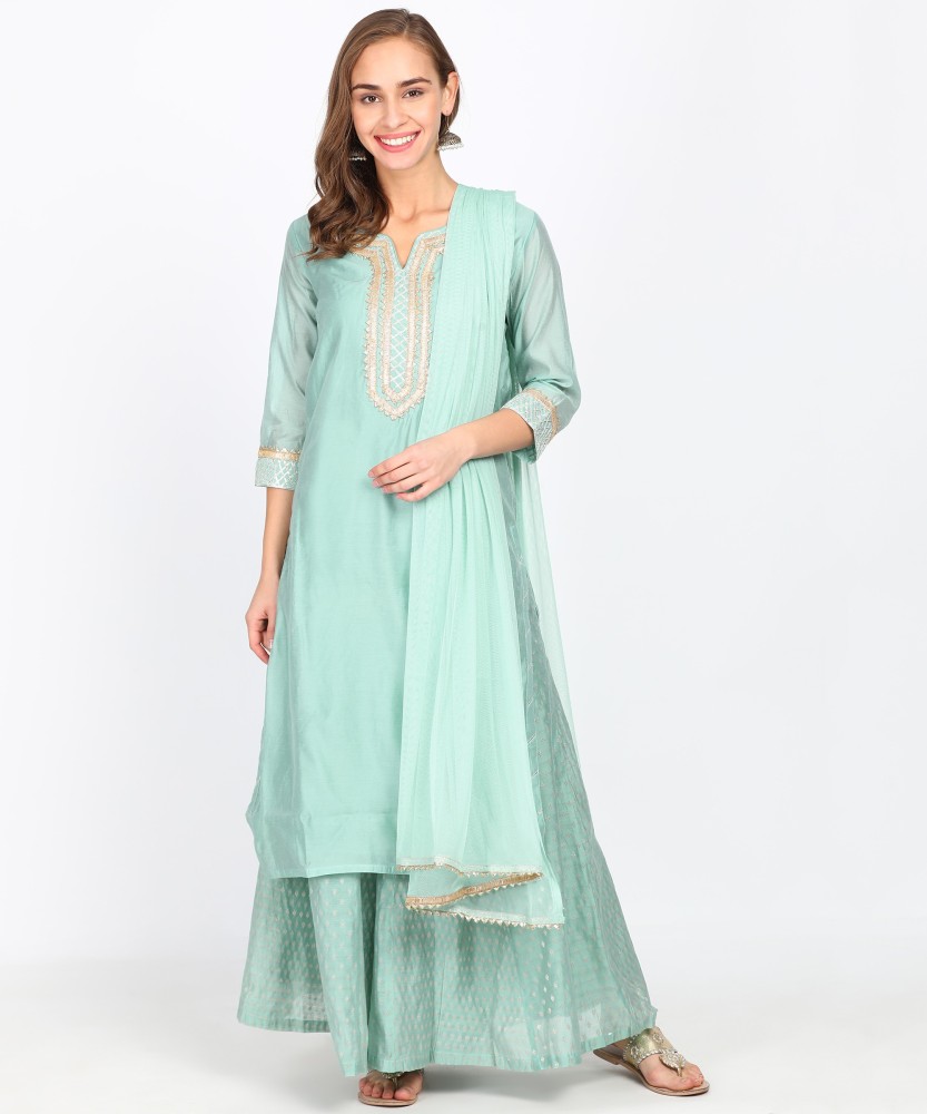 Cotton Turquoise One Side Embroidered Kurta Set Mustered Yellow Palazzo Pant