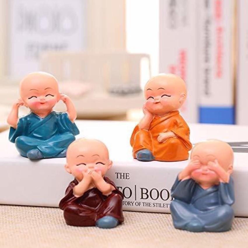 TIED RIBBONS 4 Pcs Baby Buddha Statue | Resin, 2 x 1.4 Inch | Buddha Monk  Statue for Car Dashboard Decoration, Office, Table, Shelves, Living Room