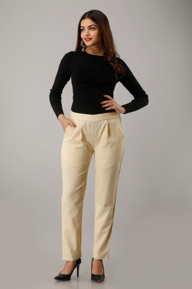 CP BRO Mens Cotton Solid Slim Fit Cream Color Trousers  Tbn220 A