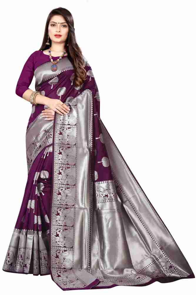Buy FRENY FASHION Woven Banarasi Art Silk Purple, Silver Sarees Online  Best Price In India