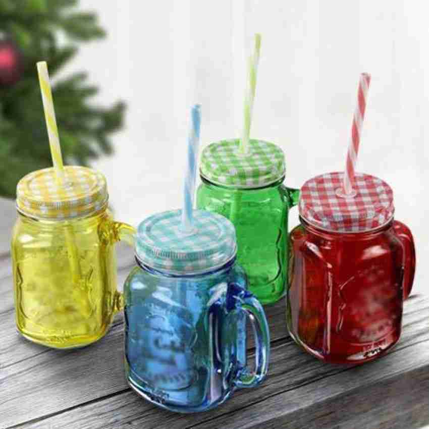 Pack of 4 450ML Glass Transparent Fruit Juice Mason Jar with Lid & Straw