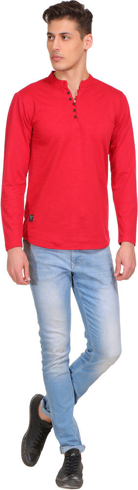 John Berg Solid Men Mandarin Collar Red 