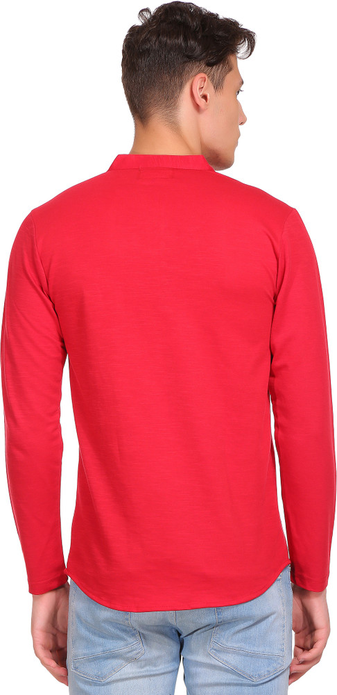 John Berg Solid Men Mandarin Collar Red 