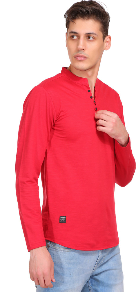 John Berg Solid Men Mandarin Collar Red 