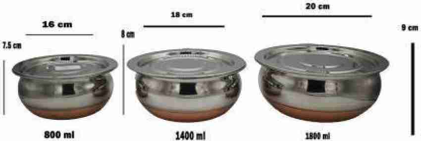 Copper Bottom Stainless Steel Kadai 4 Pcs Set to Cook / Fry 7.5