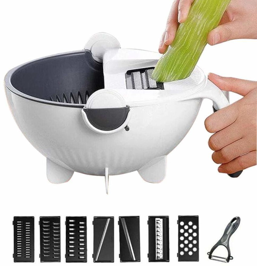 9-in-1 Multi-functional Rotate Vegetable Cutter Manual Slicer Fruit Cutter Choppers Veggie Fruit Shredder Grater Large Capacity Vegetable Drainer