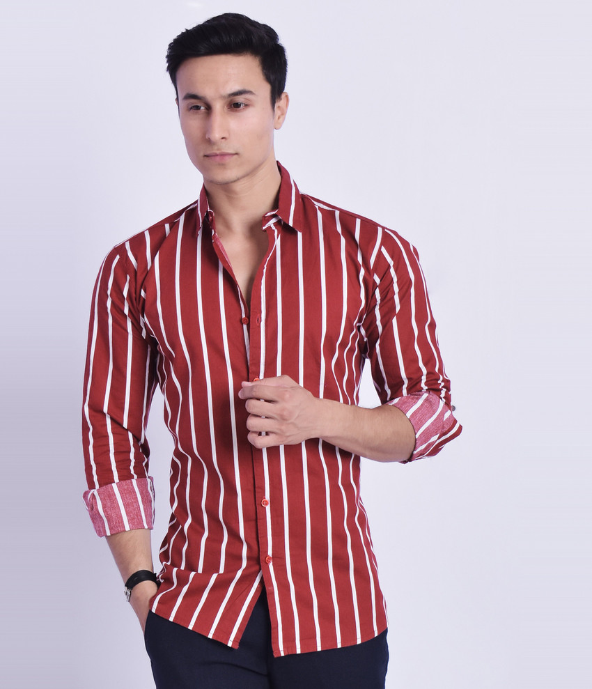 Men Striped Casual Maroon Shirt 