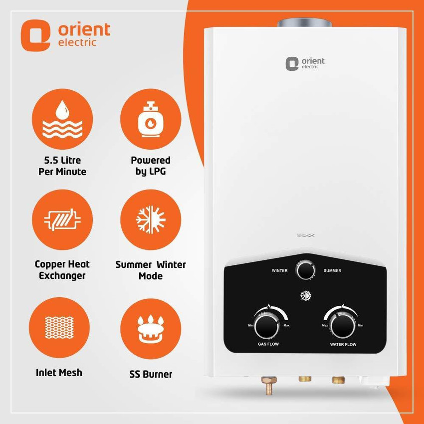Orient Electric 5.5 L Gas Water Geyser (Techno-DX 5.5 litres, White) Price  in India - Buy Orient Electric 5.5 L Gas Water Geyser (Techno-DX 5.5  litres, White) online at Flipkart.com