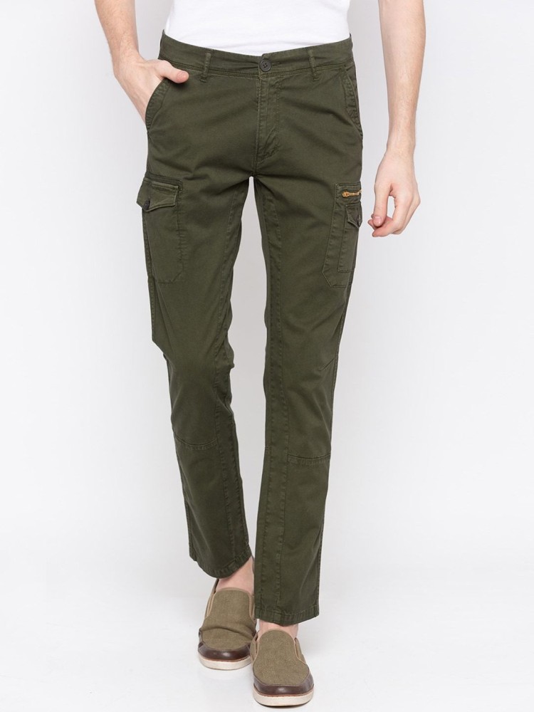 Spykar Olive Green Cotton Slim Fit Tapered Length Trousers For Men   vot02bb5p004olivegreen