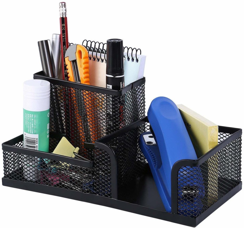 Deli Mesh Desk Organizer Office Supplies with Pencil Holder and Storage  Baskets, 3 Compartments, Black