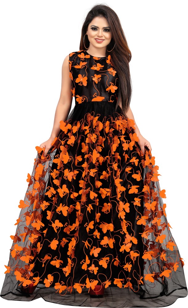 Buy HARRICA Fashion Womens Black Gown Anarkali Long Dress Gown with  Dupatta Kurta  Orange Dupatta Online at Best Prices in India  JioMart