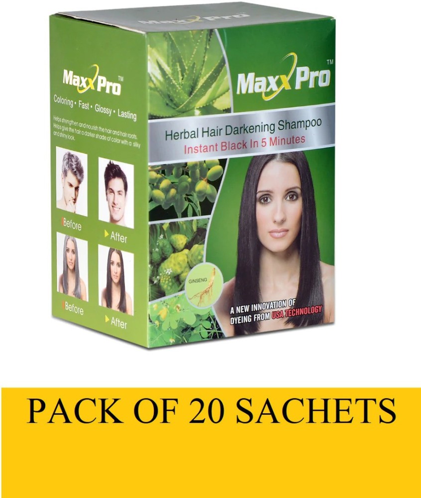MaxxPro Pack of 20 Maxx Pro Herbal Hair Darkening Shampoo (30ml each)  natural hair color , Black - Price in India, Buy MaxxPro Pack of 20 Maxx  Pro Herbal Hair Darkening Shampoo (