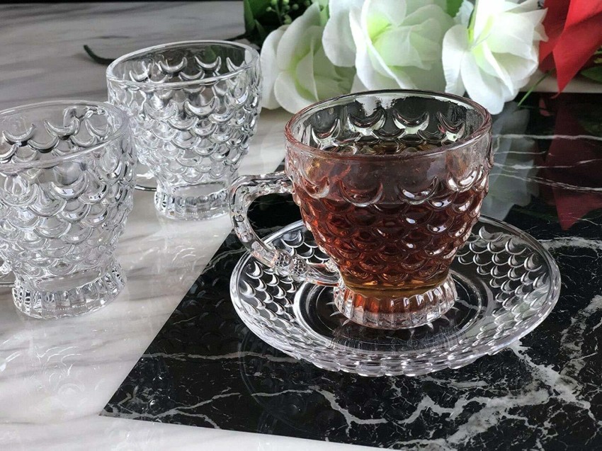 Transparent Glass Tea Cup Set And Saucer 6pcs, Size: 210ml