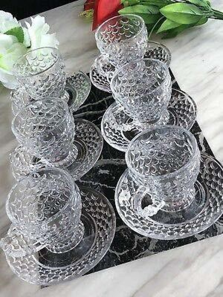 Transparent Glass Tea Cup Set And Saucer 6pcs, Size: 210ml