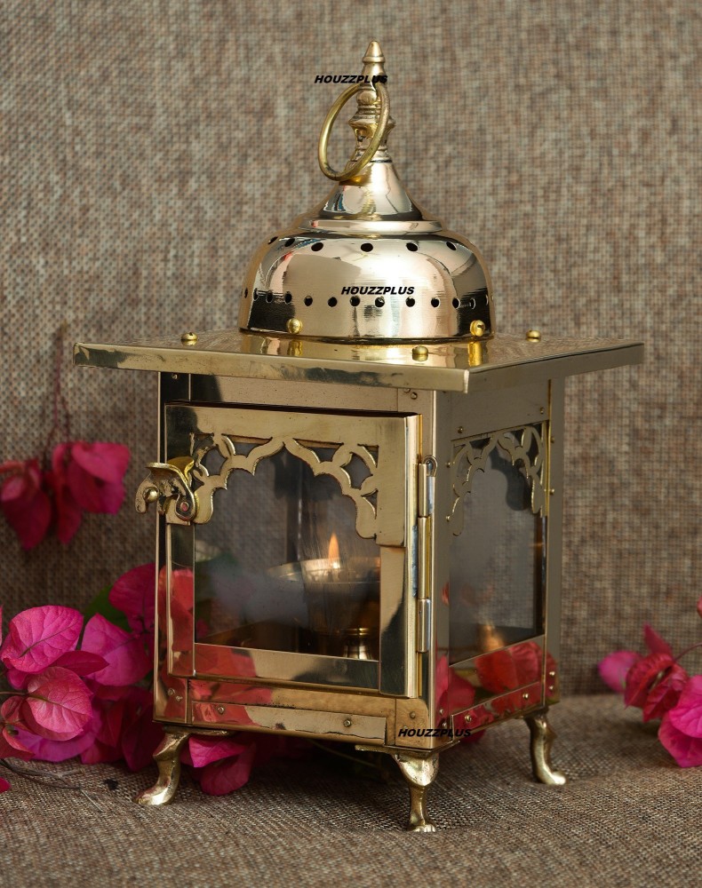 brass diya with glass cover