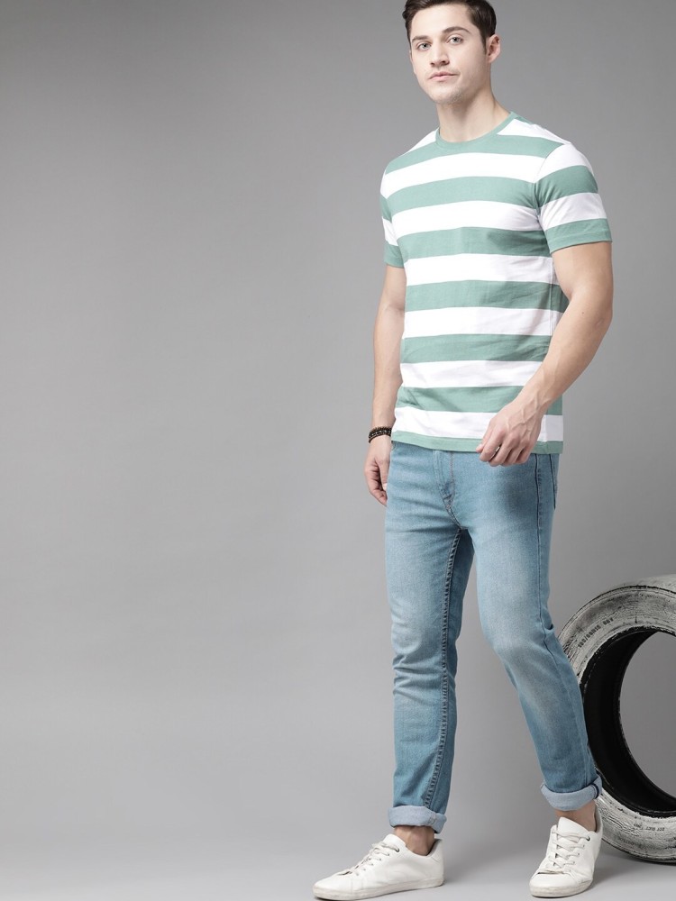 Buy Roadster Men Blue & White Striped Round Neck T Shirt - Tshirts for Men  9586559