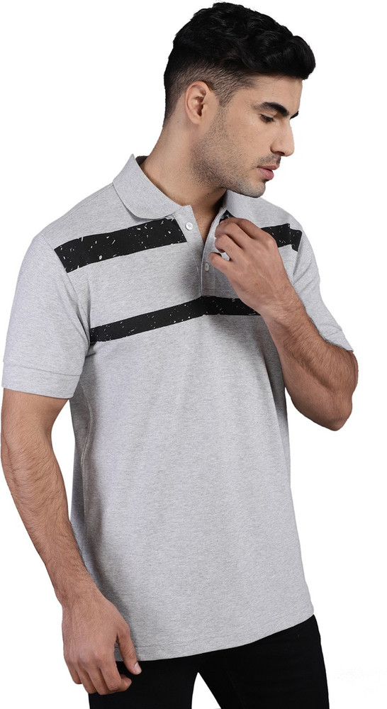 YOONOY Solid Men Polo Neck Grey T-Shirt 