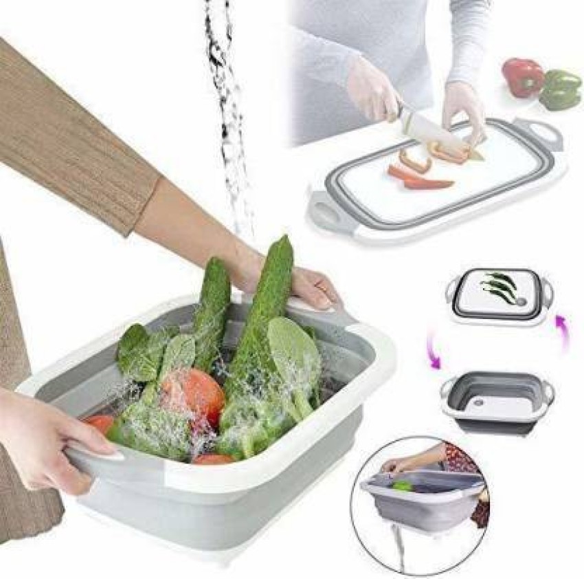 Plastic white and grey Folding Chopping Board Dish Sink Tub Vegetable Basket