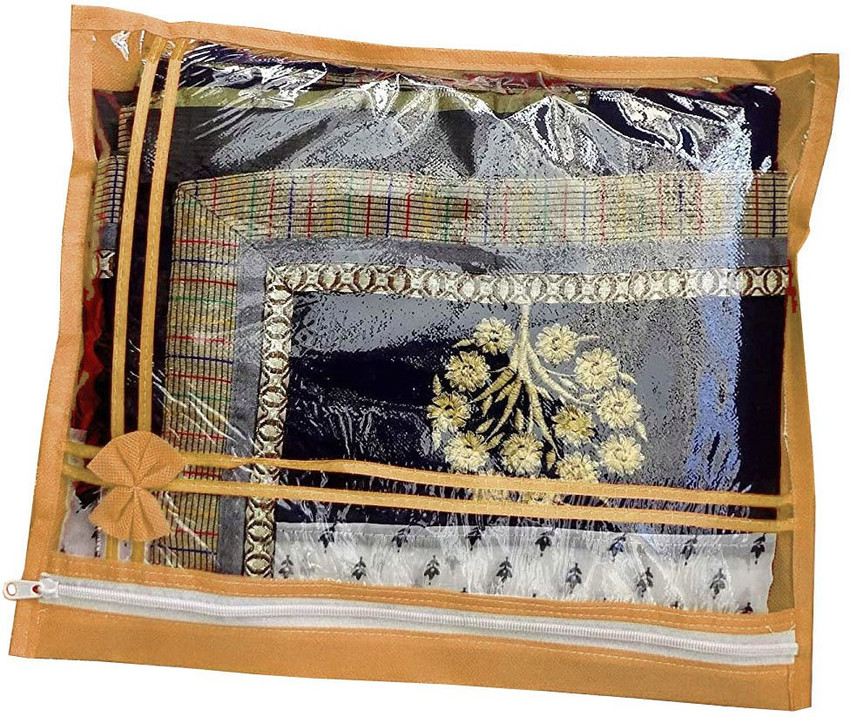 Kuber Industries Hanging Saree Cover for Clothes Storage|Non Woven Flower  Pattern Wardrobe Organizer With Transparent Window|Pack of 12 (Cream)