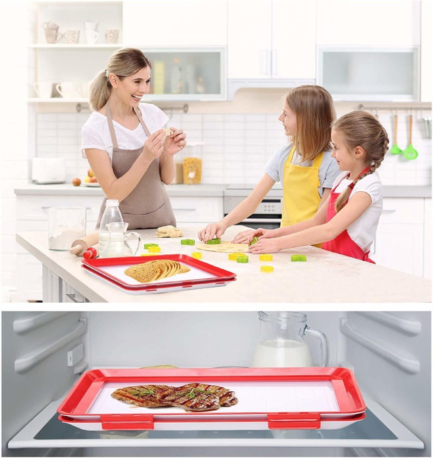 SET OF 4 CLEVER TRAYS HEALTHY LIFE FOOD PRESERVATION STORAGE STACKABLE RED  WHITE