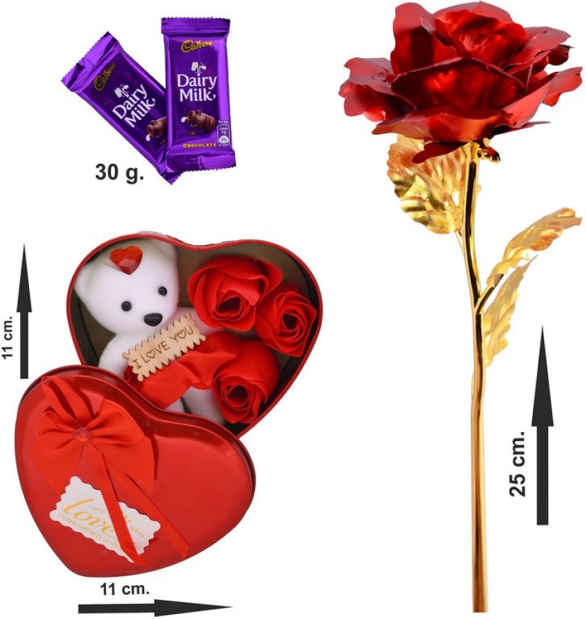 Lovely Heart Box with 1 Teddy and 3 Beautiful Roses with I Love You  Message, Couple