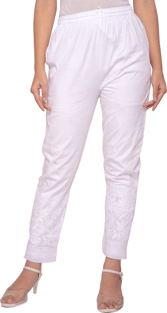 Lucknow Chikankari Handmade White Stretchable Cotton Pants for Girls   Syrish