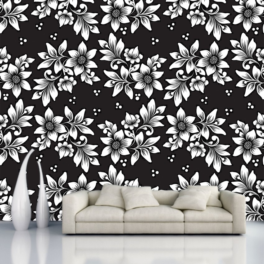 Carla Black White Floral Trail Glitter Textured Vinyl Flower Wallpaper