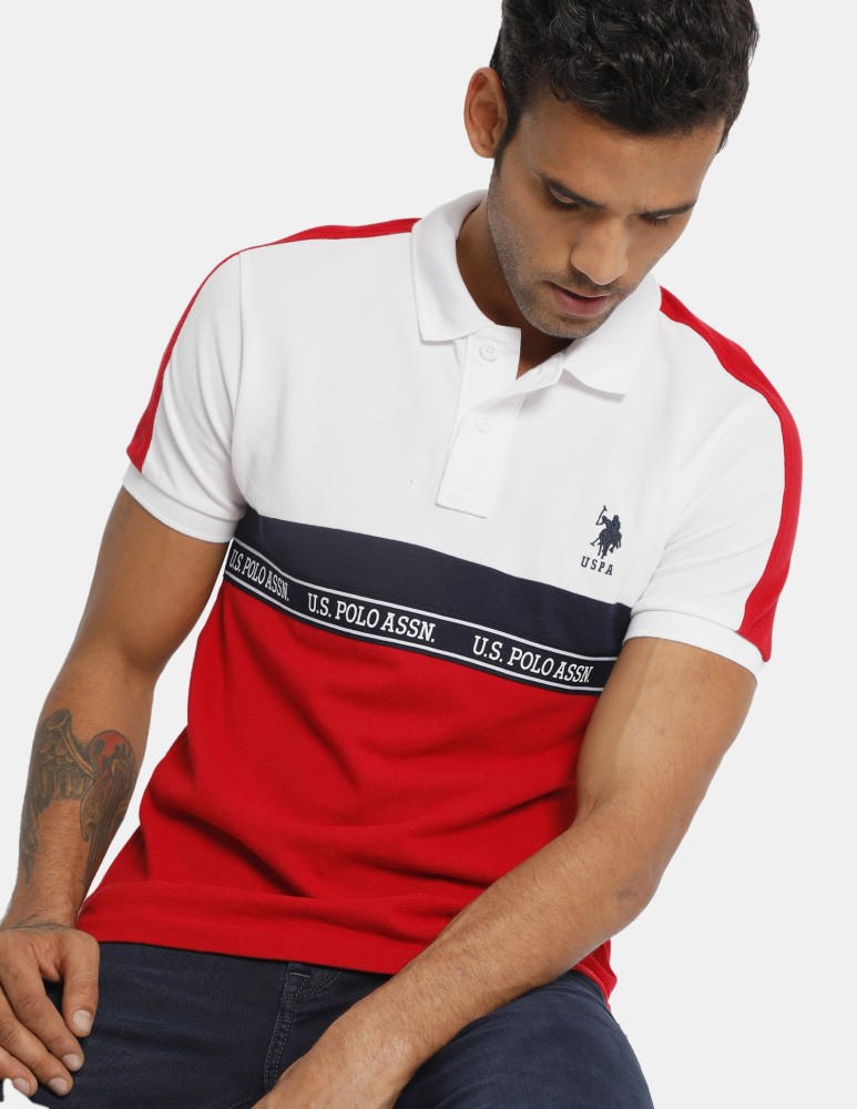 U.S. Polo Assn. Color Block Men Polo Neck White, Navy Blue T-shirt